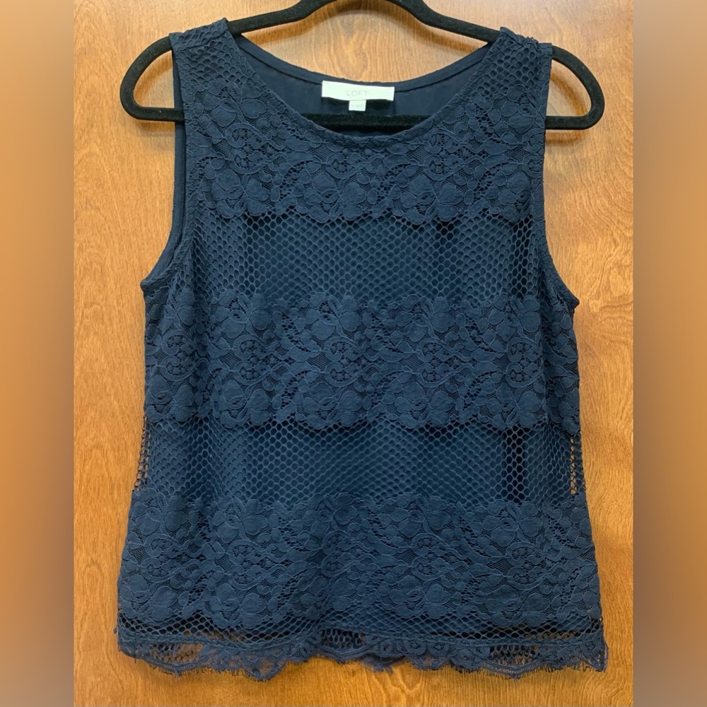 Ann Taylor Loft navy lace overlay sleeveless blouse